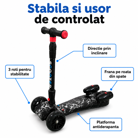 Trotineta Copii Pliabila cu Efect de Abur, Bluetooth si Lumini LED, 3 Roti PU, Directie prin Inclinare, Ghidon Reglabil, Structura Rezistenta, maxim 60kg, Design Graffiti [9]