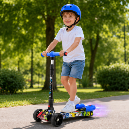 Trotineta Copii Pliabila cu Efect de Abur, Bluetooth si Lumini LED, 3 Roti PU, Directie prin Inclinare, Ghidon Reglabil, Structura Rezistenta, maxim 60kg, Design Graffiti [1]