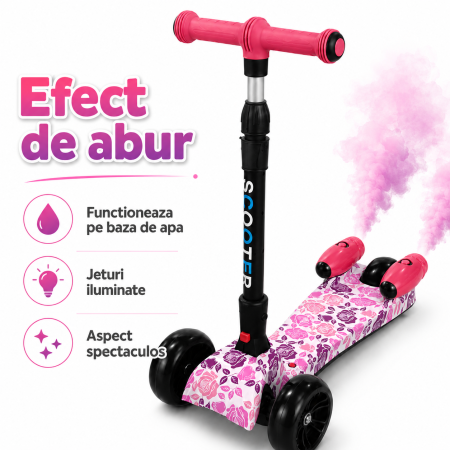 Trotineta Copii Pliabila cu Efect de Abur, Bluetooth si Lumini LED, 3 Roti PU, Directie prin Inclinare, Ghidon Reglabil, Structura Rezistenta, maxim 60kg, Design Graffiti [13]