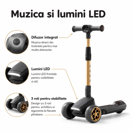 Trotineta Copii Premium cu 3 Roti Mari, Pliabila, Muzica si Lumini LED, Ghidon Reglabil 70-90 cm, Pana la 50 kg [7]