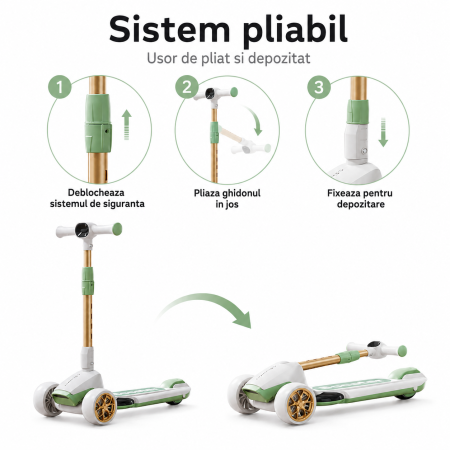 Trotineta Copii Premium cu 3 Roti Mari, Pliabila, Muzica si Lumini LED, Ghidon Reglabil 70-90 cm, Pana la 50 kg [4]