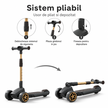 Trotineta Copii Premium cu 3 Roti Mari, Pliabila, Muzica si Lumini LED, Ghidon Reglabil 70-90 cm, Pana la 50 kg [4]