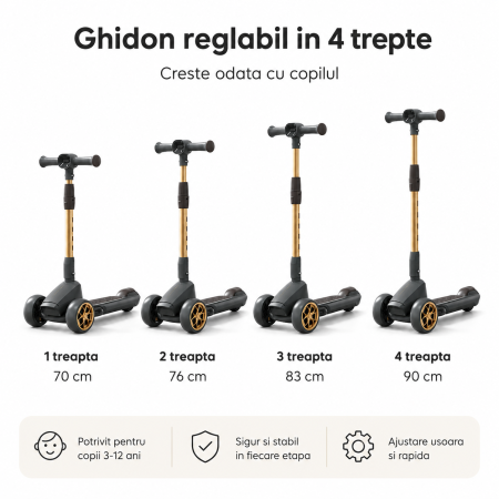 Trotineta Copii Premium cu 3 Roti Mari, Pliabila, Muzica si Lumini LED, Ghidon Reglabil 70-90 cm, Pana la 50 kg [2]