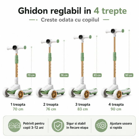 Trotineta Copii Premium cu 3 Roti Mari, Pliabila, Muzica si Lumini LED, Ghidon Reglabil 70-90 cm, Pana la 50 kg [2]