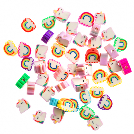 GIFTS FOR 7 & OLDER - Mărgele din lut polimeric cu Unicorni și Curcubeie, 48 bucăți
