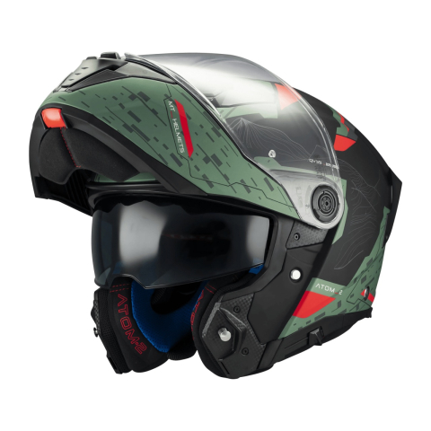CĂȘTI - Cască moto modulară MT Atom 2 SV Highlands C6 verde mat cu ochelari de soare integrați cu Pinlock 70 inclus - vizieră MT-V-35