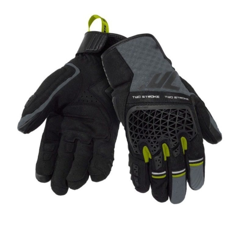 MOTO BĂRBAȚI - Mănuși moto bărbați Naked/Adventure vară Seventy Degrees SD-N60 Two Stroke negru/gri/galben fluor - degete tactile