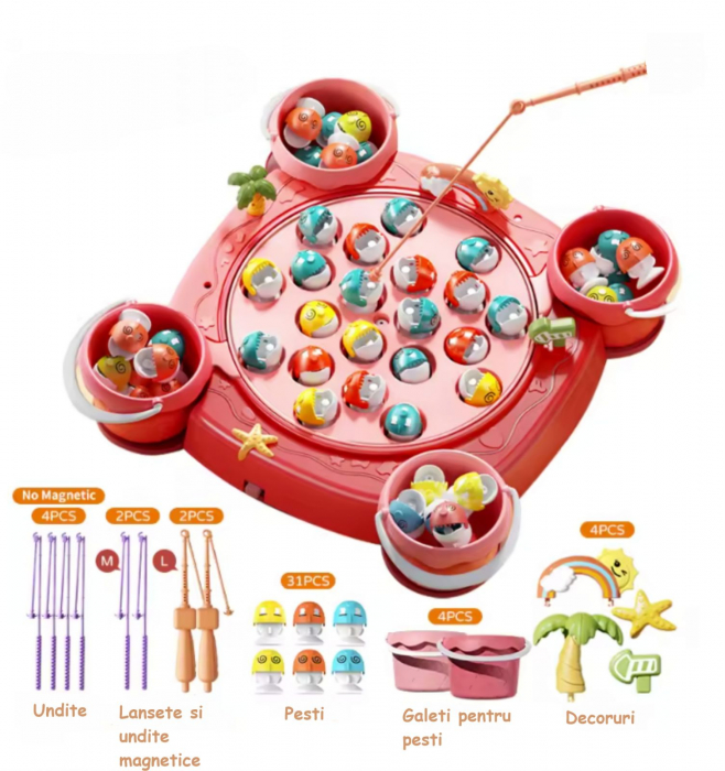 Joc Interactiv de Pescuit Magnetic. Set cu 2 Lansete, 4 Galetuse, Ornamente si Muzica,  3+ Ani, Rosu [2]