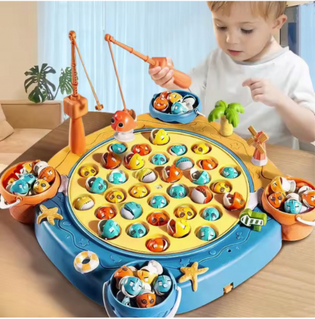 Jucarii - Joc Interactiv de Pescuit Magnetic. Set cu 2 Lansete, 4 Galetuse, Ornamente si Muzica, 3+ Ani, Albastru