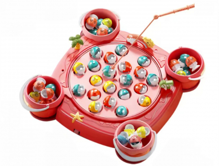 Jucarii - Joc Interactiv de Pescuit Magnetic. Set cu 2 Lansete, 4 Galetuse, Ornamente si Muzica,  3+ Ani, Rosu