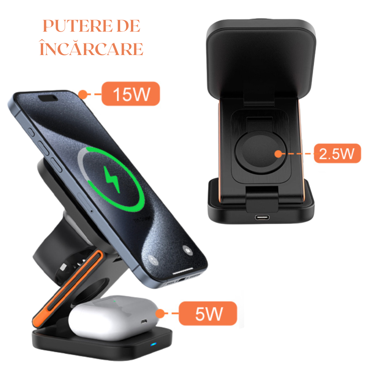 Incarcator Wireless Portabil 3 in 1 – Statie Pliabila pentru Telefon-Tableta-Casti, 15W, Fixare Magnetica, Kaylia [6]