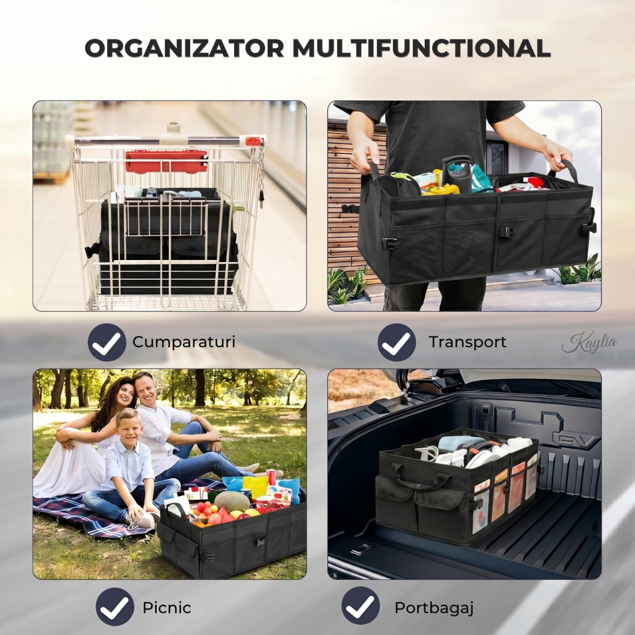 Organizator portbagaj auto Kaylia premium full black cu 3 compartimente, capac detașabil și structură pliabilă la jumătate [7]