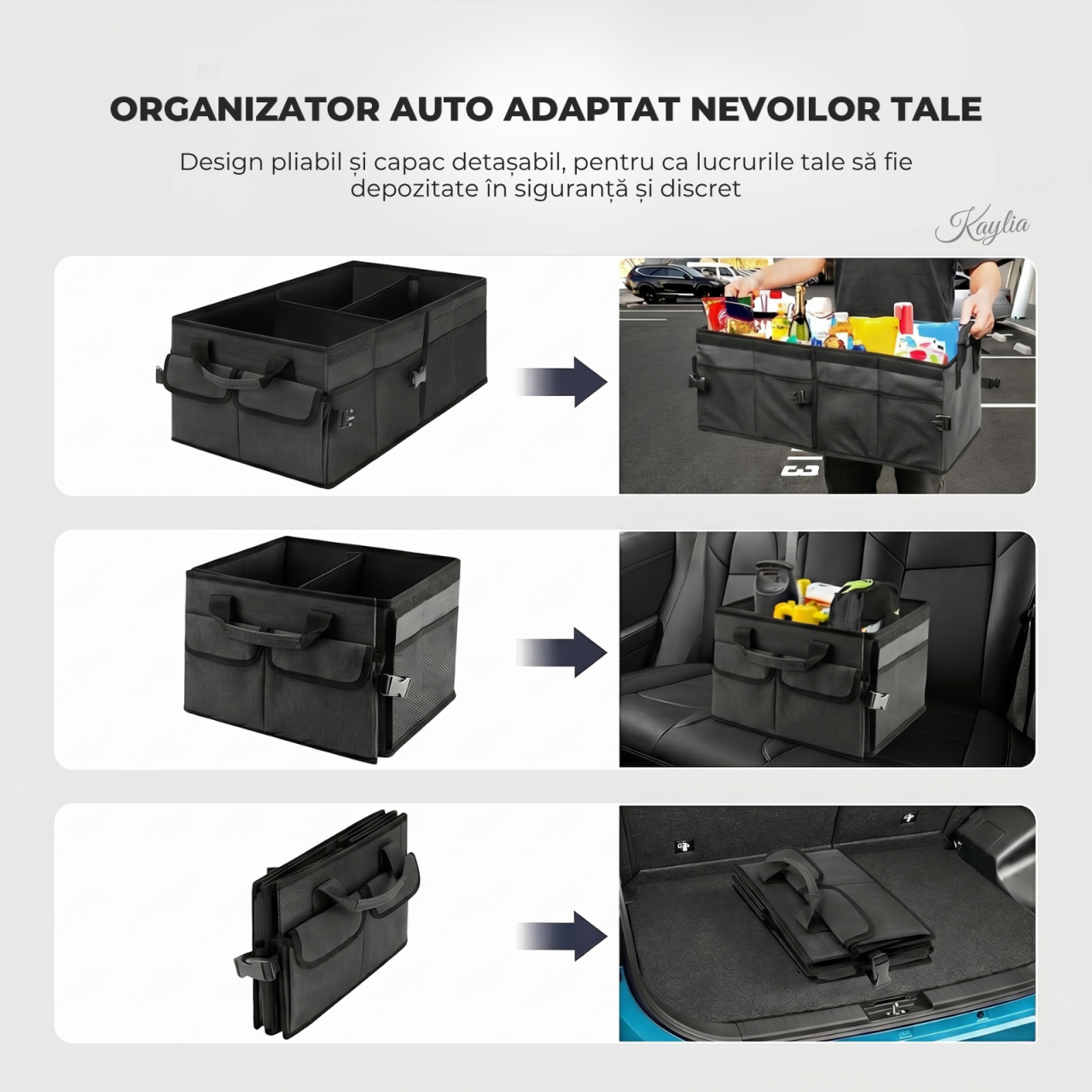 Organizator portbagaj auto Kaylia premium full black cu 3 compartimente, capac detașabil și structură pliabilă la jumătate [3]