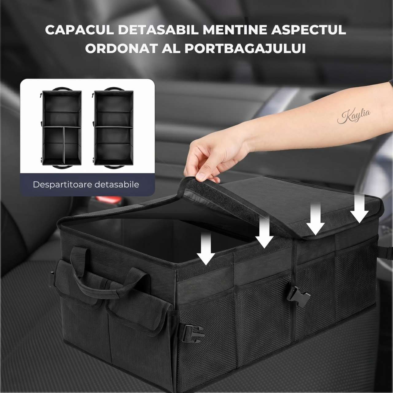 Organizator portbagaj auto Kaylia premium full black cu 3 compartimente, capac detașabil și structură pliabilă la jumătate [4]