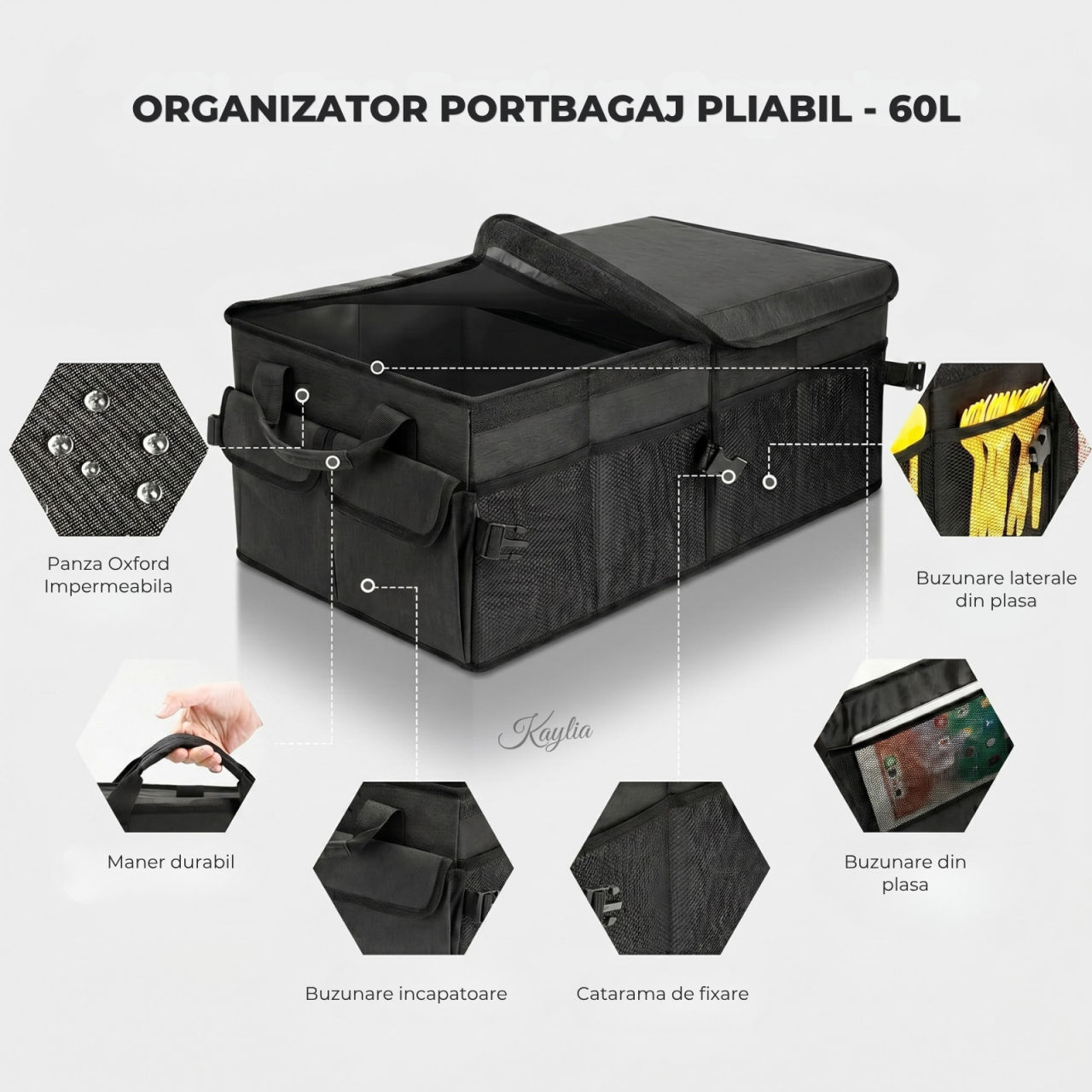 Organizator portbagaj auto Kaylia premium full black cu 3 compartimente, capac detașabil și structură pliabilă la jumătate [2]