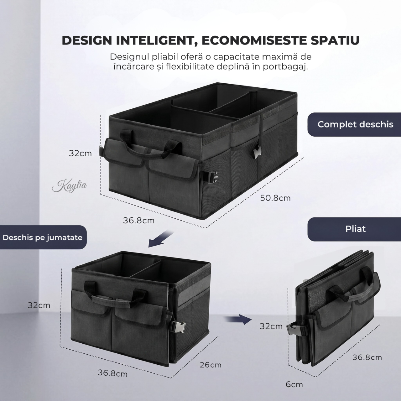 Organizator portbagaj auto Kaylia premium full black cu 3 compartimente, capac detașabil și structură pliabilă la jumătate [5]