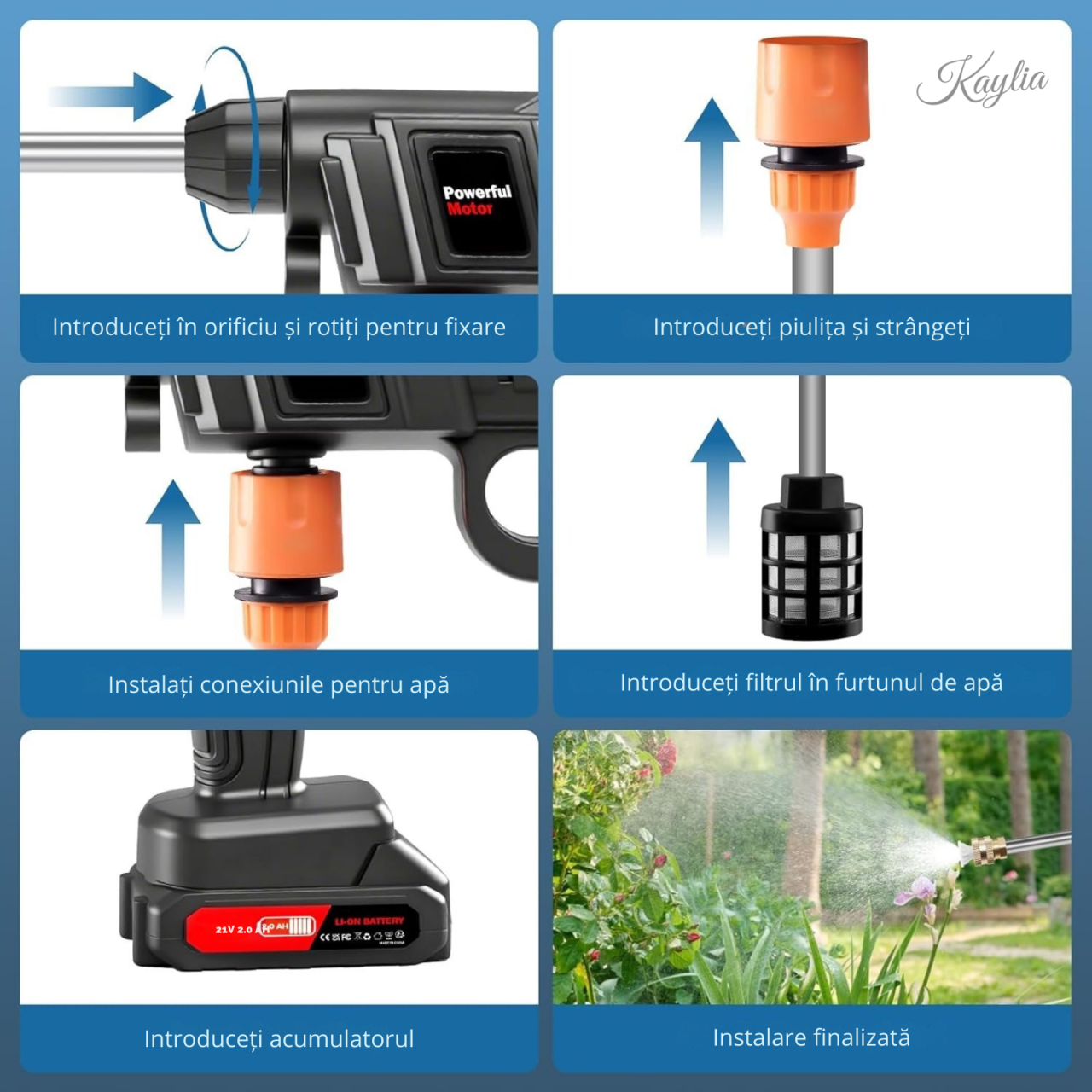 Pistol de spalat cu presiune portabil fara fir 50 bari cu acumulator si auto-amorsare [8]