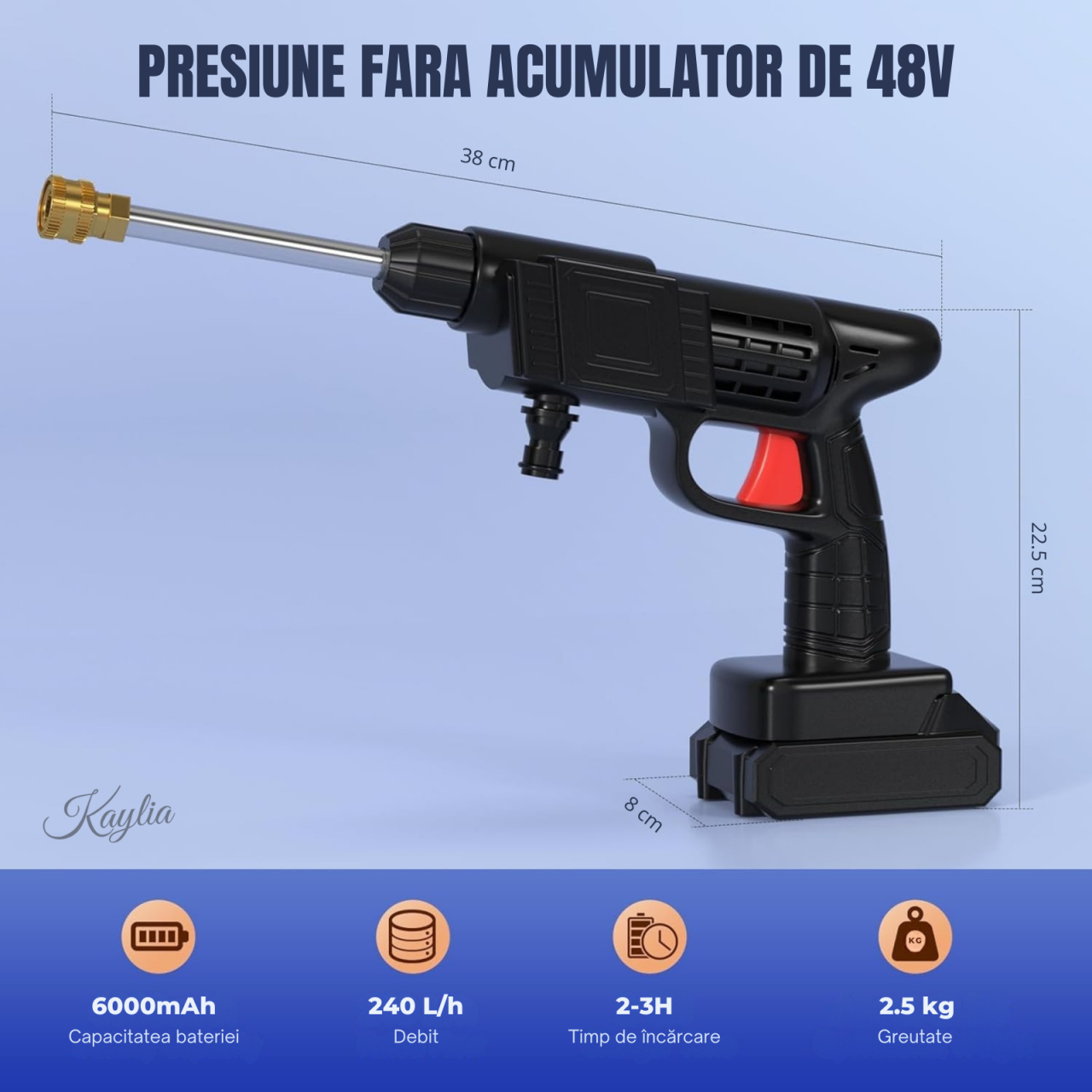 Pistol de spalat cu presiune portabil fara fir 50 bari cu acumulator si auto-amorsare [10]