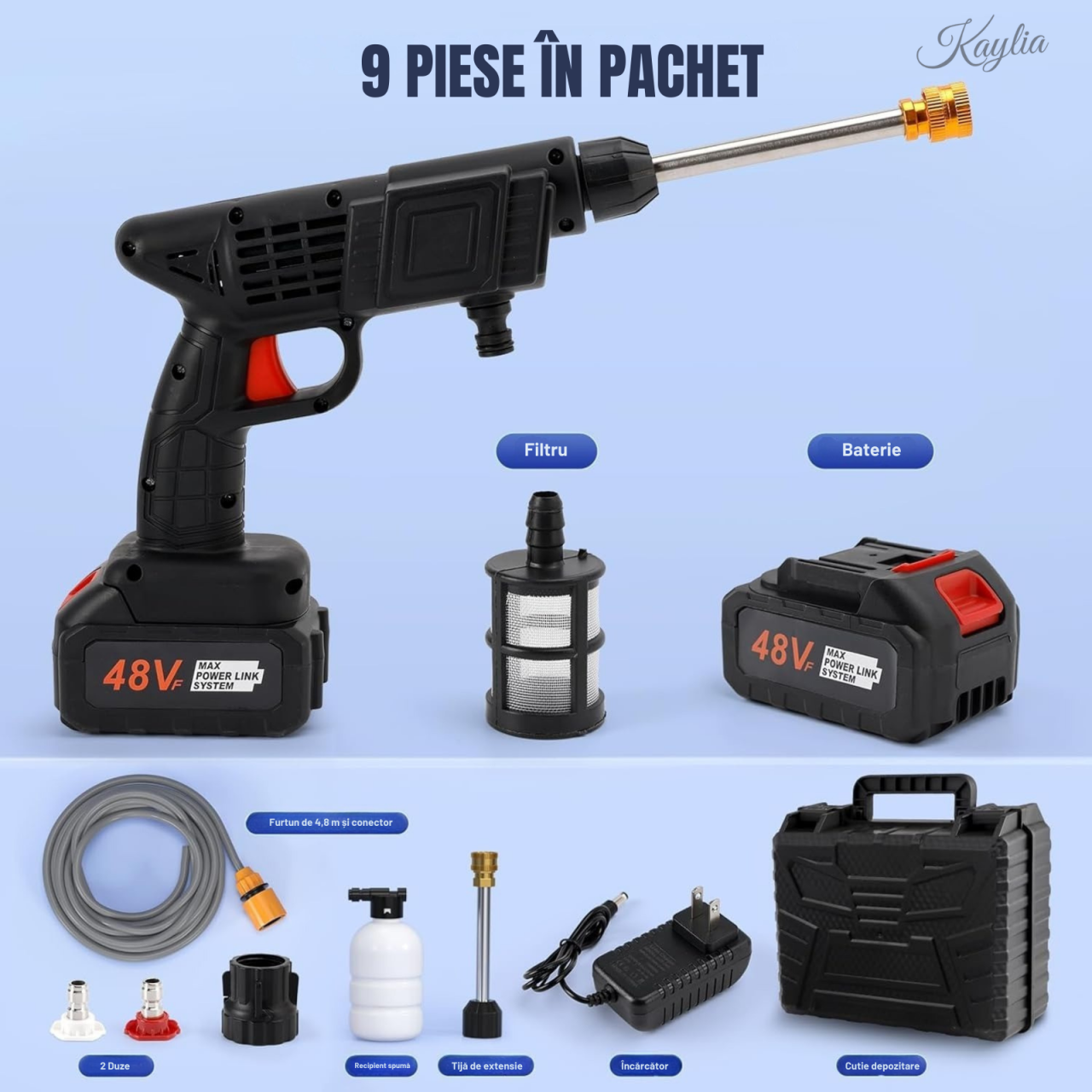 Pistol de spalat cu presiune portabil fara fir 50 bari cu acumulator si auto-amorsare [9]