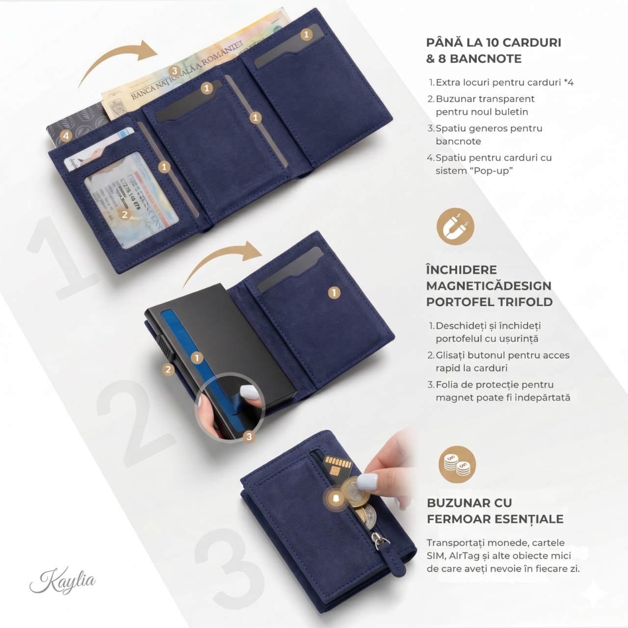 Portofel Kaylia Barbati Piele Intoarsa / Alcantara Albastru Protectie RFID Pop-up [2]