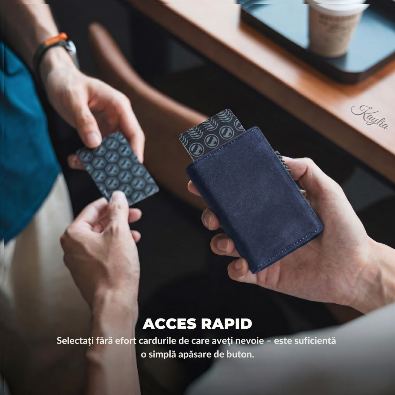Portofel Kaylia Barbati Piele Intoarsa / Alcantara Albastru Protectie RFID Pop-up [3]