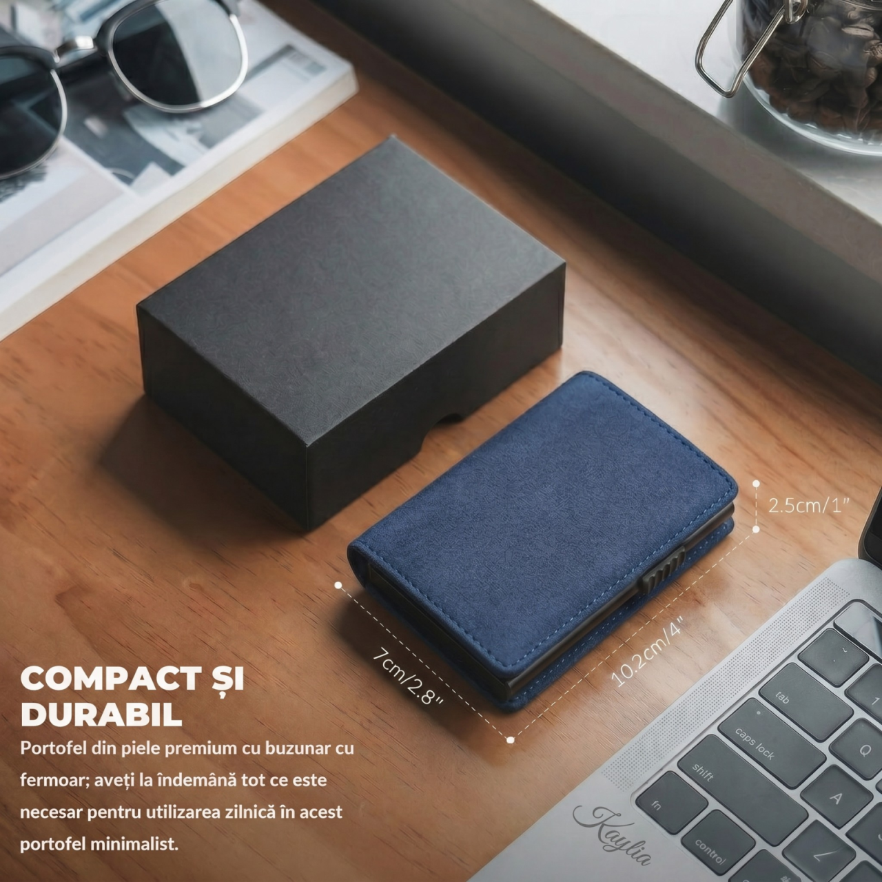 Portofel Kaylia Barbati Piele Intoarsa / Alcantara Albastru Protectie RFID Pop-up [6]