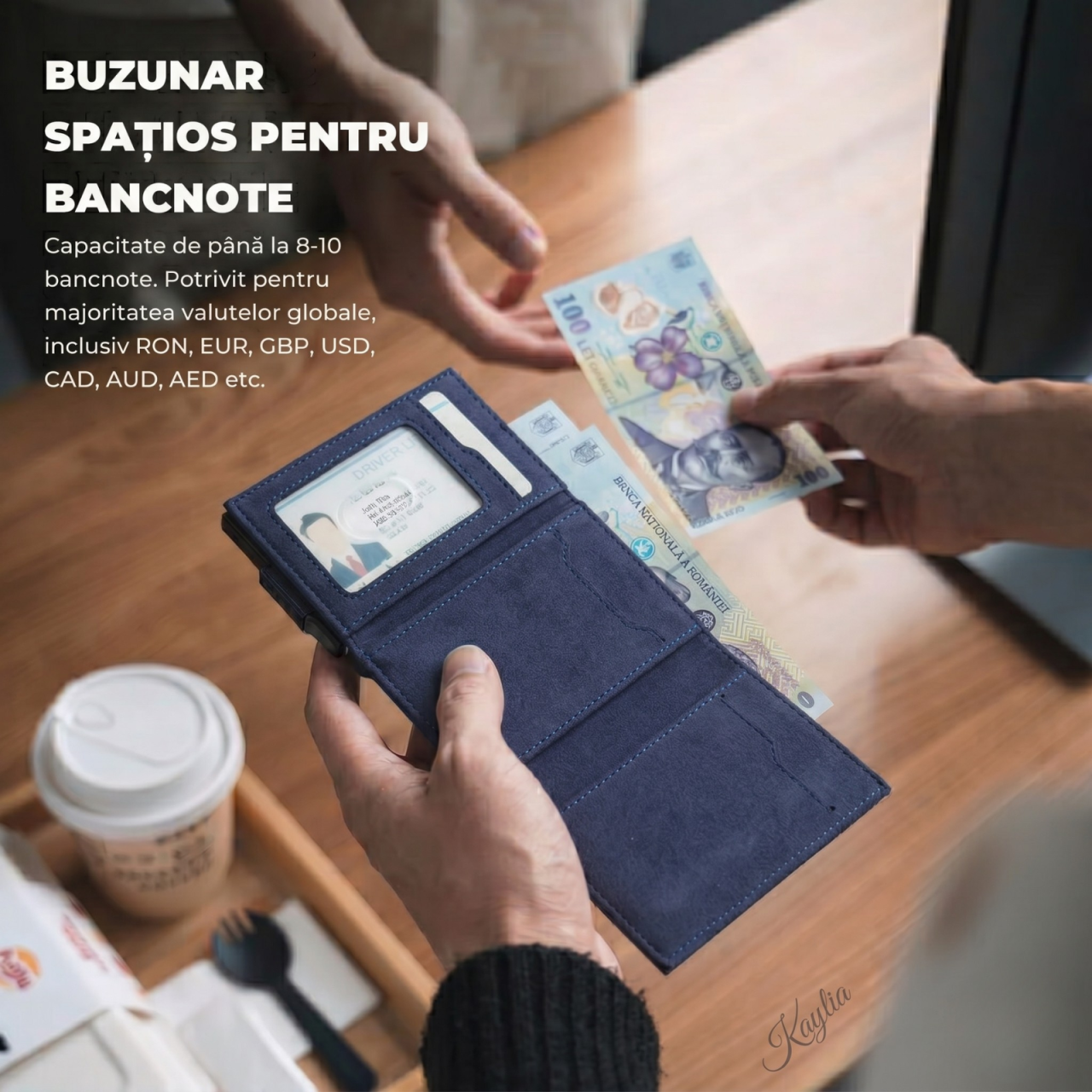 Portofel Kaylia Barbati Piele Intoarsa / Alcantara Albastru Protectie RFID Pop-up [4]
