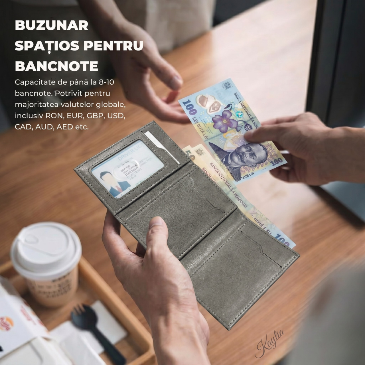 Portofel Smart Kaylia din piele microfibră gri cu protecție RFID și suport carduri pop-up [4]