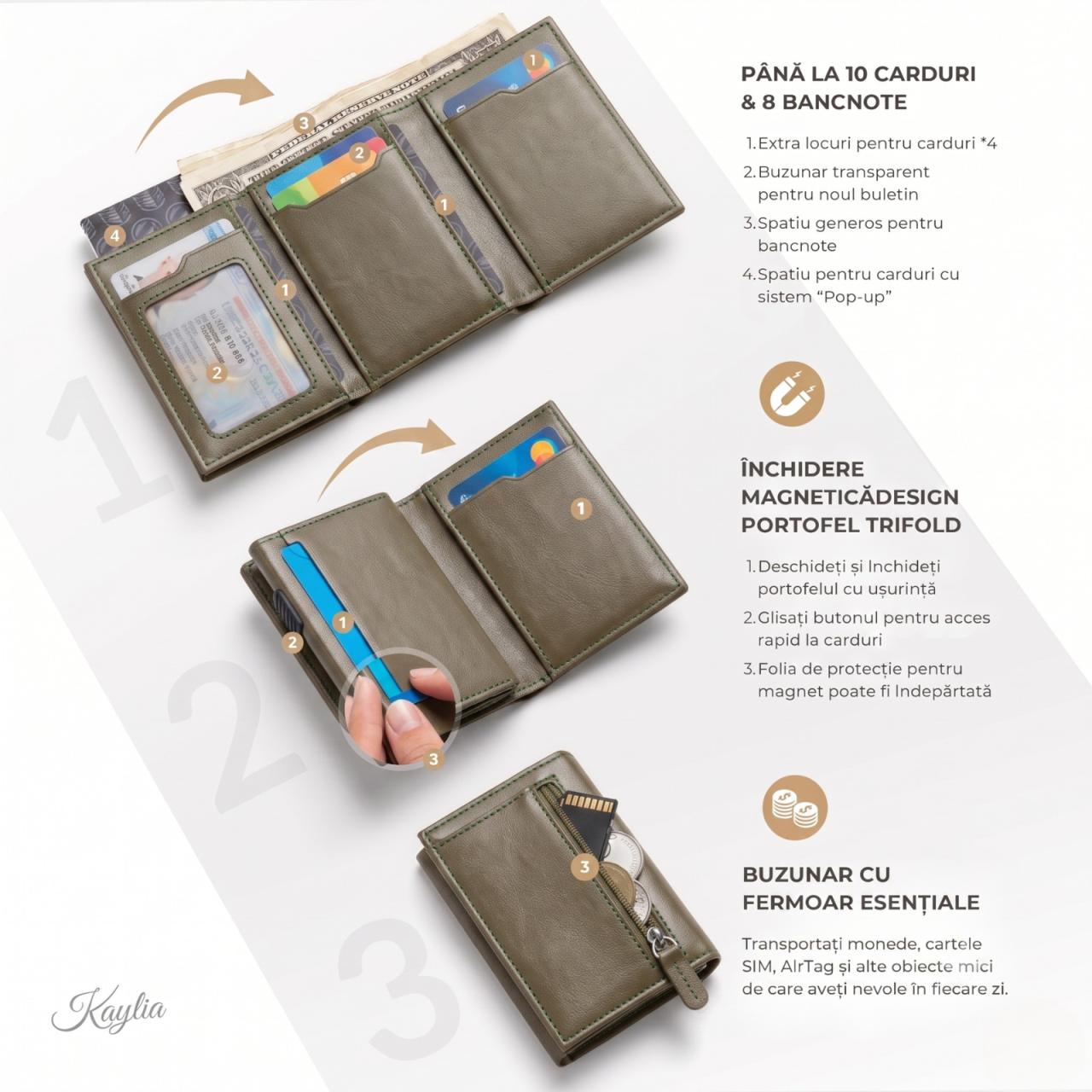 Portofel Smart Kaylia din piele microfibră verde-olive cu protecție RFID și suport carduri pop-up [2]