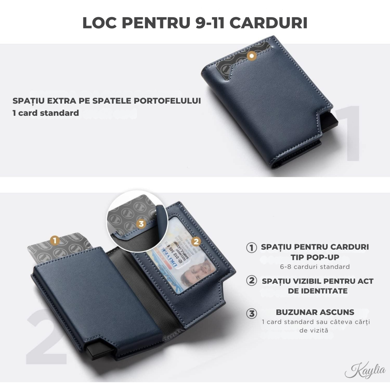 Portofel Smart Slim Kaylia din piele microfibră albastra cu protecție RFID și suport carduri pop-up [4]