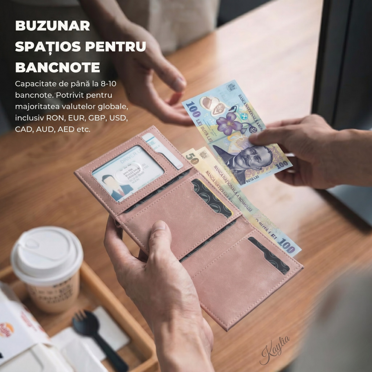 Portofel Smart Kaylia din piele microfibră roz cu protecție RFID și suport carduri pop-up [4]