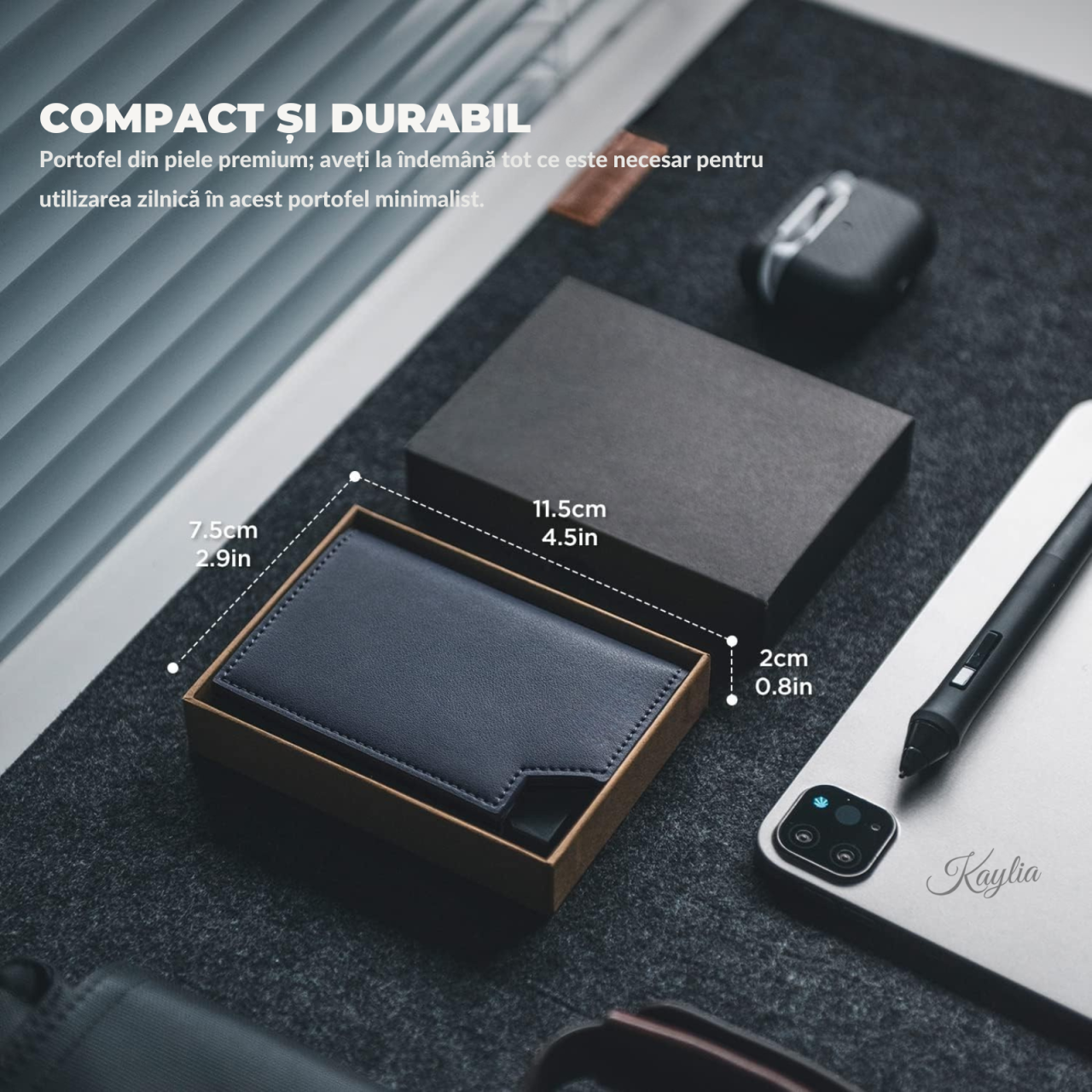 Portofel Smart Slim Kaylia din piele microfibră albastra cu protecție RFID și suport carduri pop-up [6]
