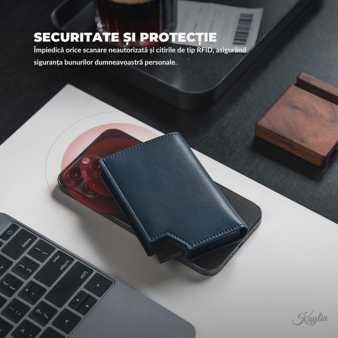 Portofel Smart Slim Kaylia din piele microfibră albastra cu protecție RFID și suport carduri pop-up [5]
