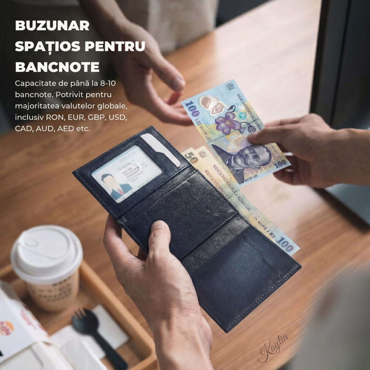 Portofel Smart Kaylia din piele microfibră albastru cu protecție RFID și suport carduri pop-up [4]