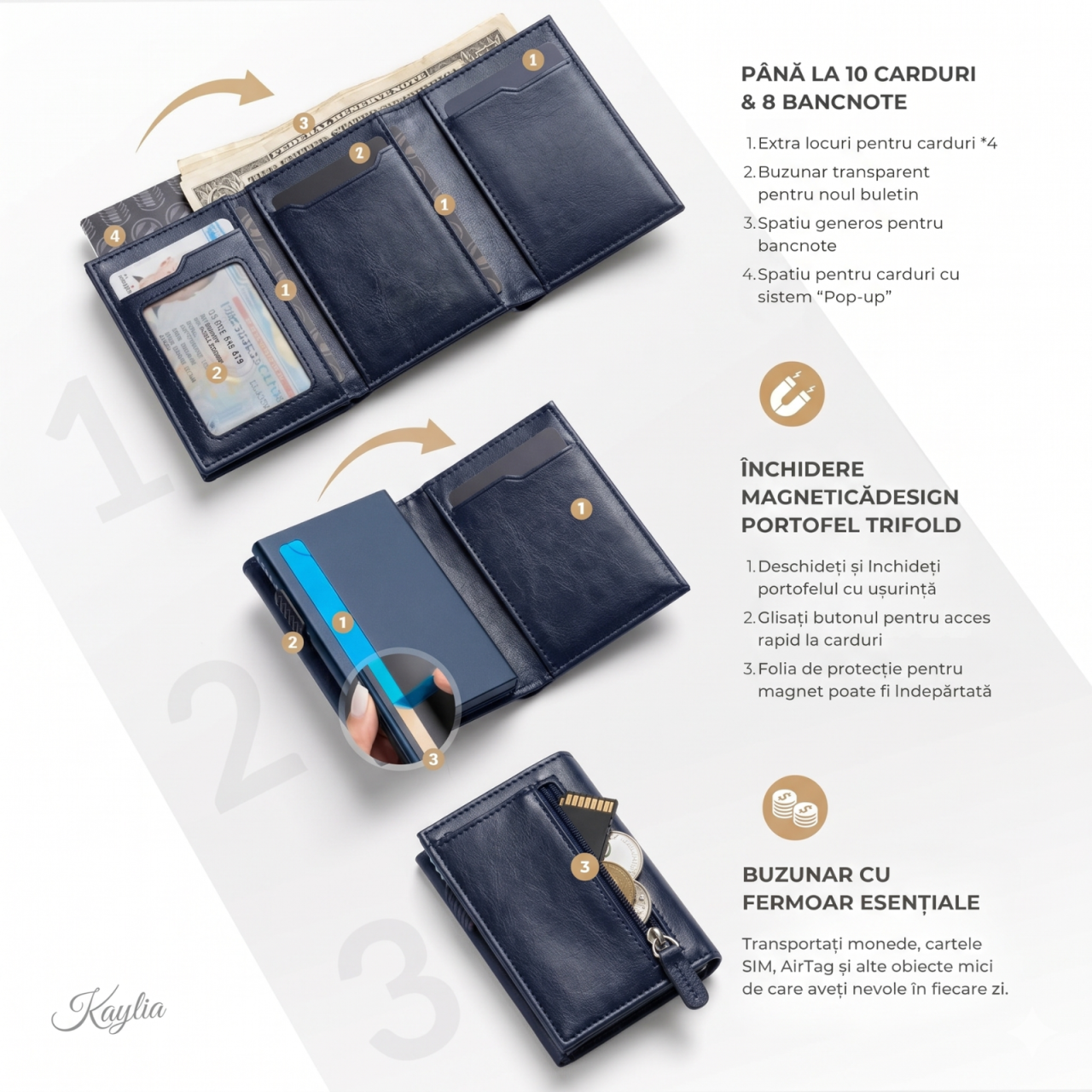Portofel Smart Kaylia din piele microfibră albastru cu protecție RFID și suport carduri pop-up [2]