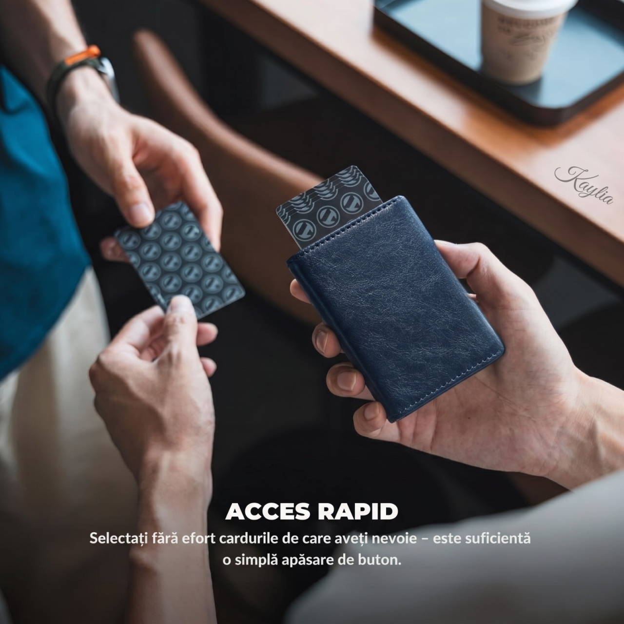 Portofel Smart Kaylia din piele microfibră albastru cu protecție RFID și suport carduri pop-up [3]