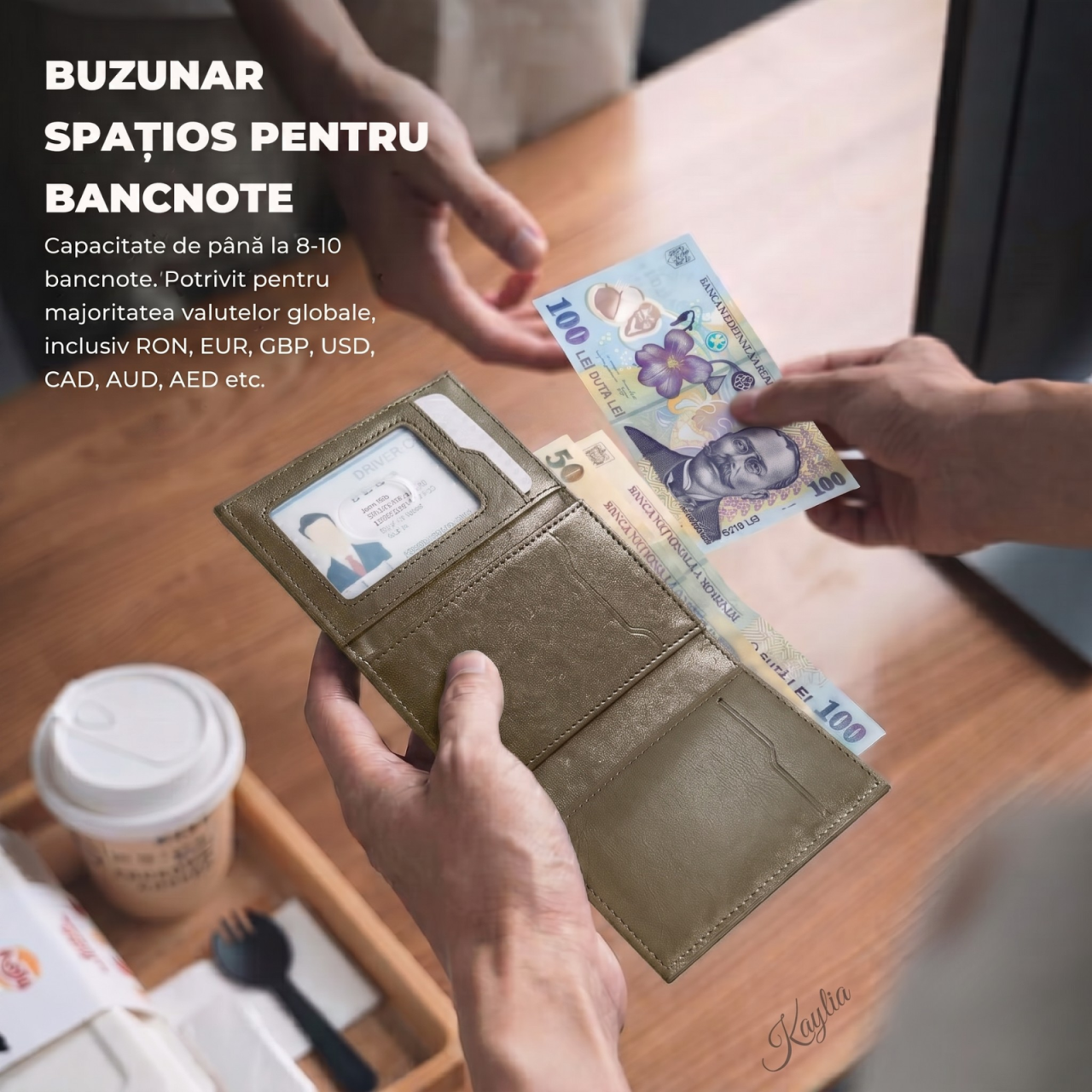 Portofel Smart Kaylia din piele microfibră verde-olive cu protecție RFID și suport carduri pop-up [4]