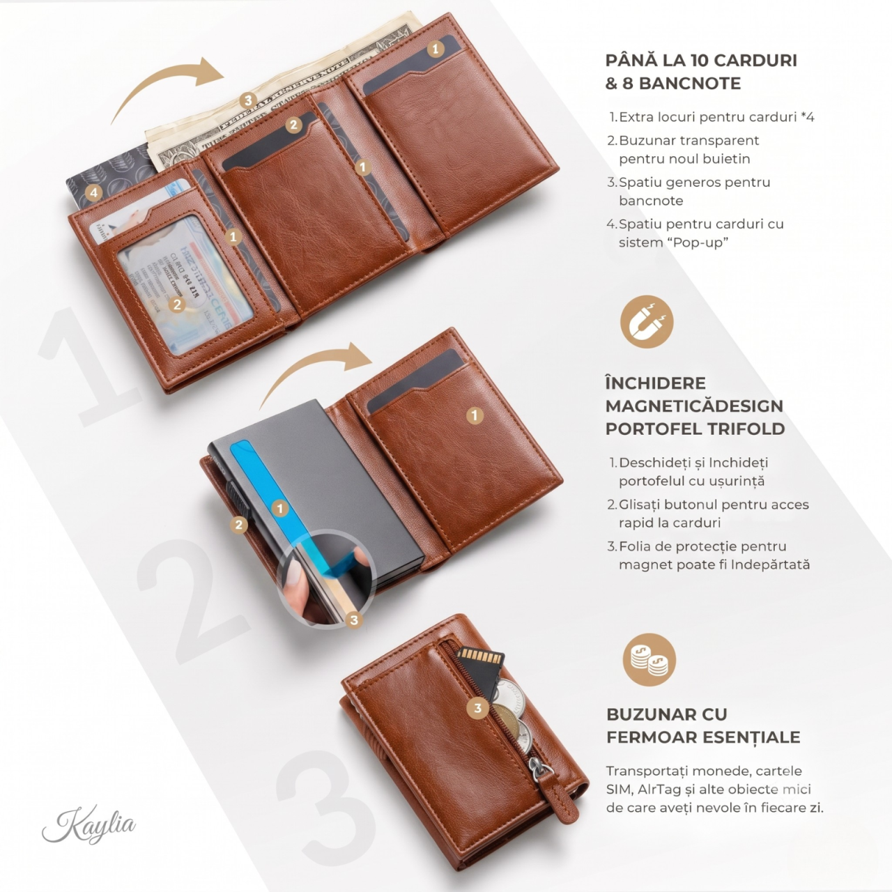Portofel Smart Kaylia din piele microfibră maro cu protecție RFID și suport carduri pop-up [2]