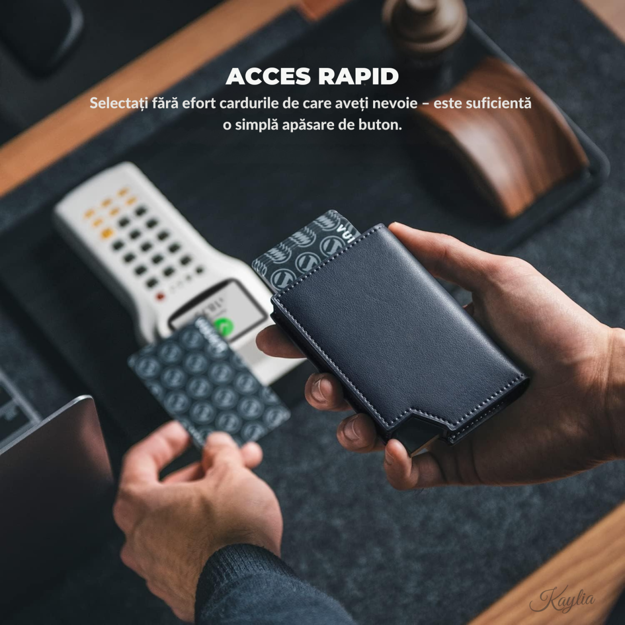 Portofel Smart Slim Kaylia din piele microfibră albastra cu protecție RFID și suport carduri pop-up [2]
