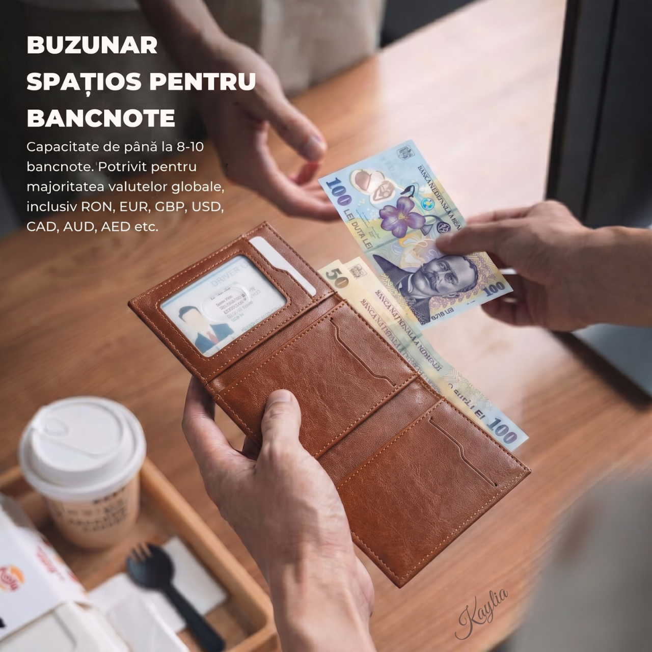 Portofel Smart Kaylia din piele microfibră maro cu protecție RFID și suport carduri pop-up [4]