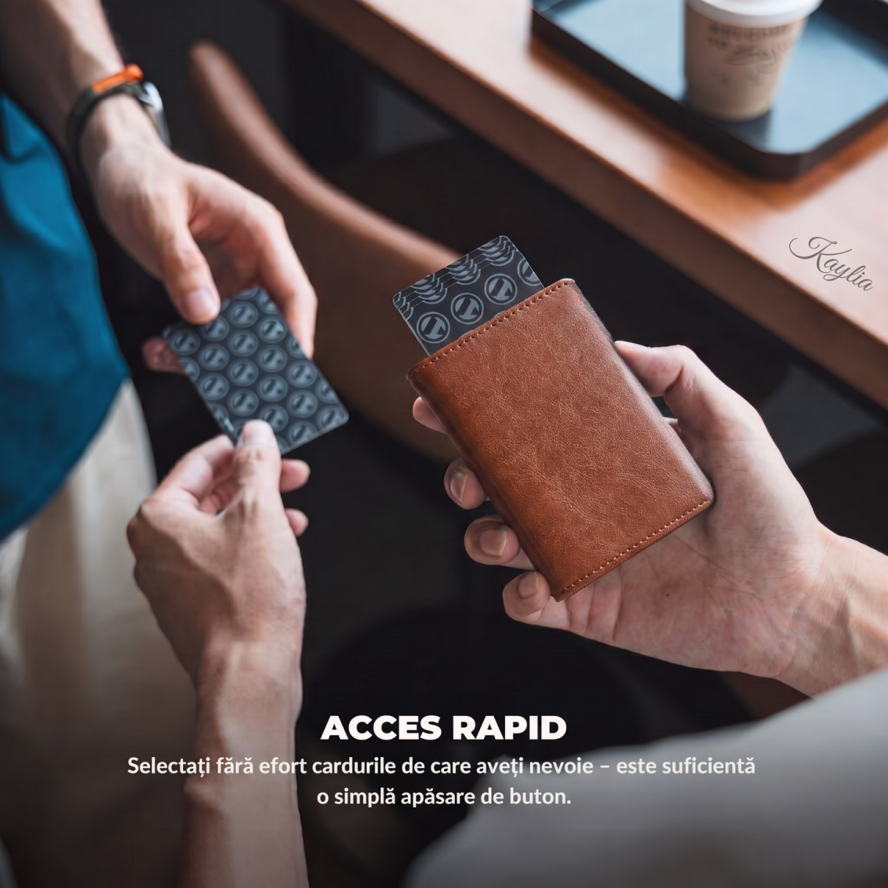 Portofel Smart Kaylia din piele microfibră maro cu protecție RFID și suport carduri pop-up [3]