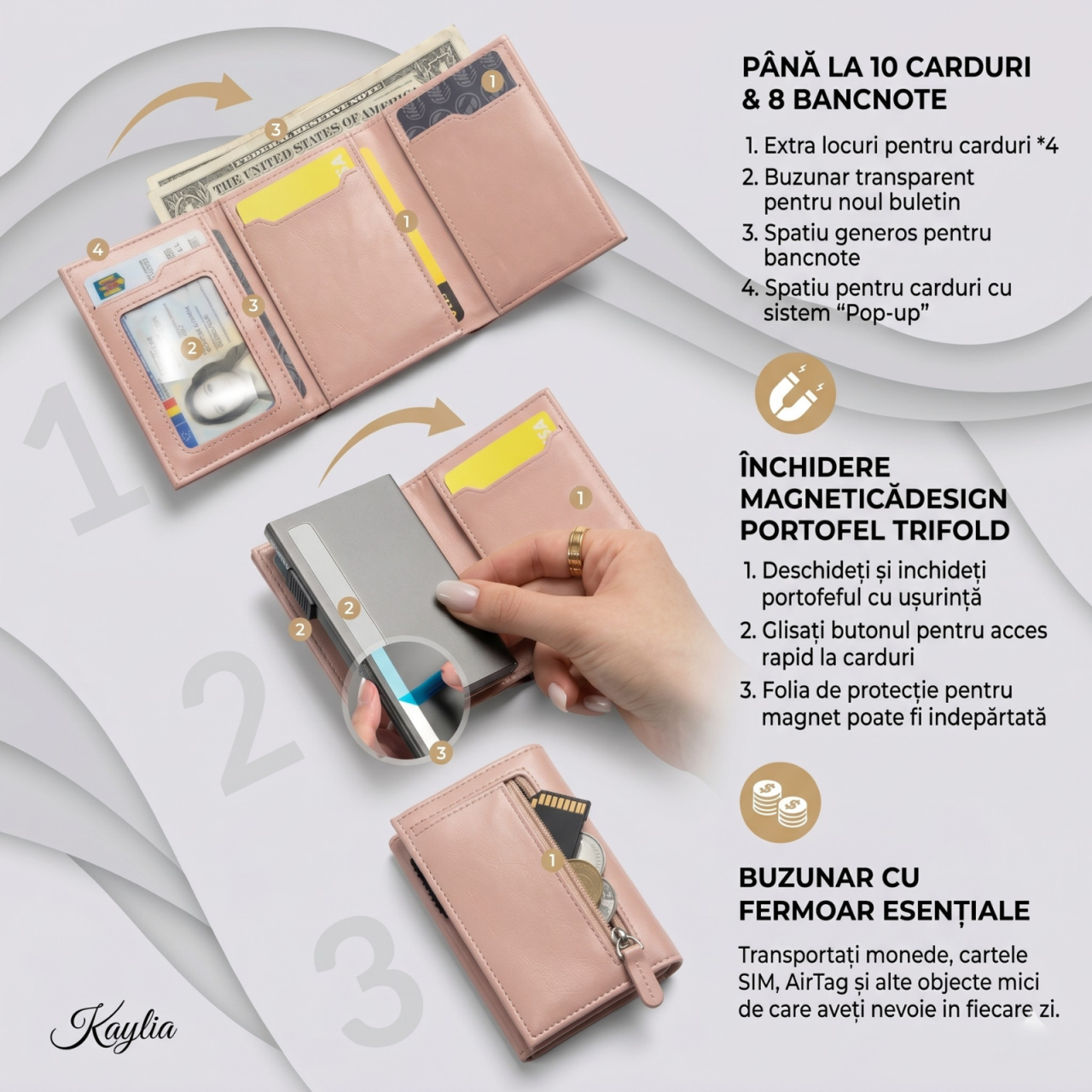 Portofel Smart Kaylia din piele microfibră roz cu protecție RFID și suport carduri pop-up [2]