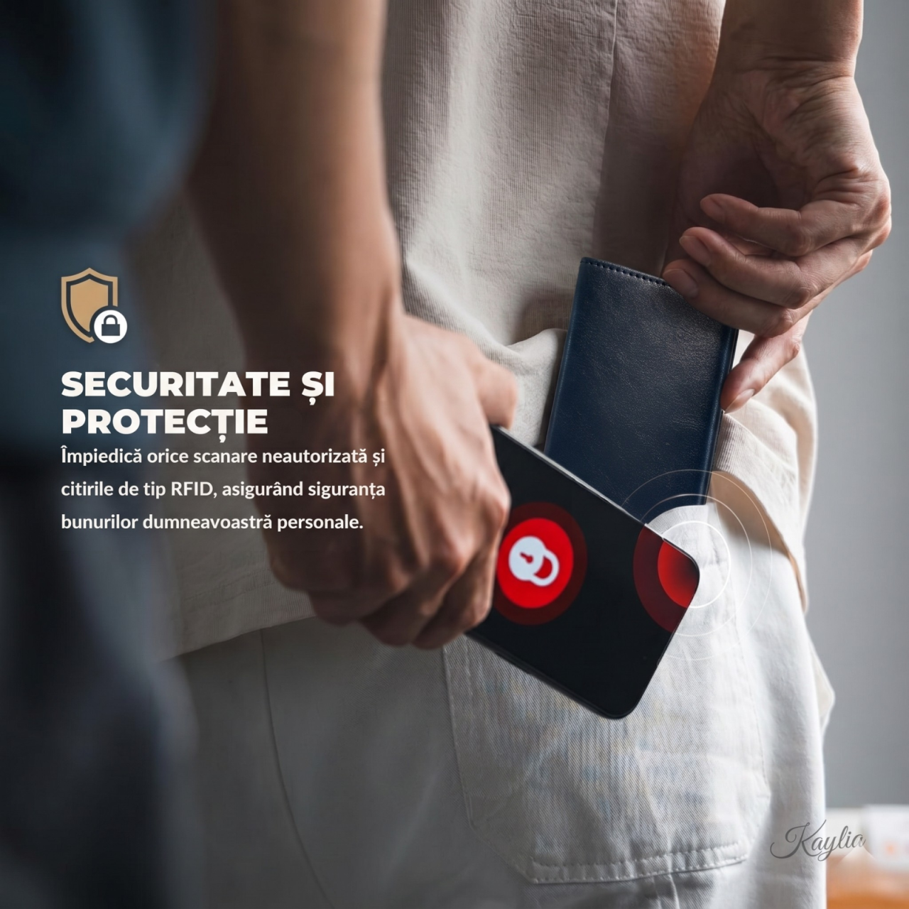 Portofel Smart Kaylia din piele microfibră albastru cu protecție RFID și suport carduri pop-up [5]