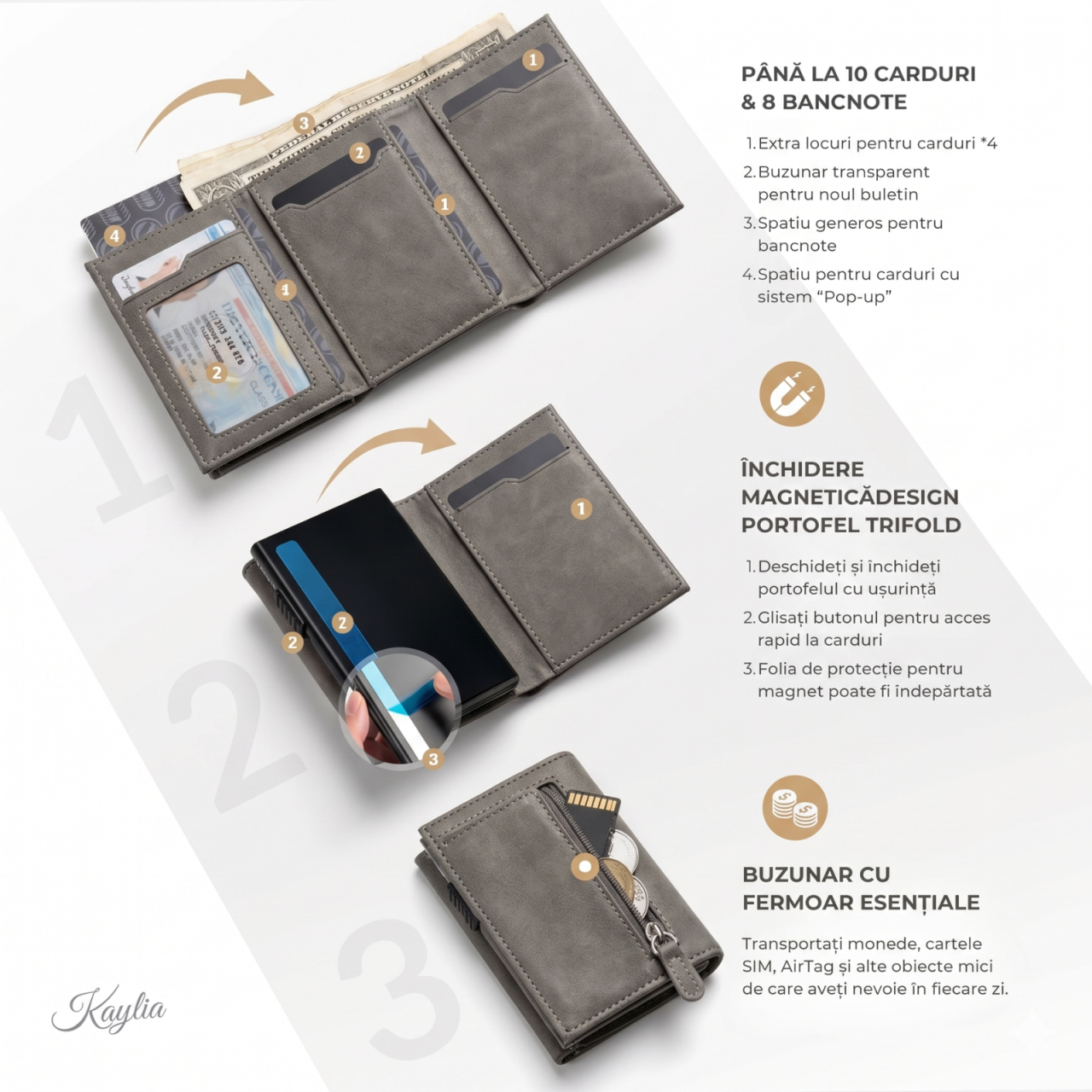 Portofel Smart Kaylia din piele microfibră gri cu protecție RFID și suport carduri pop-up [2]