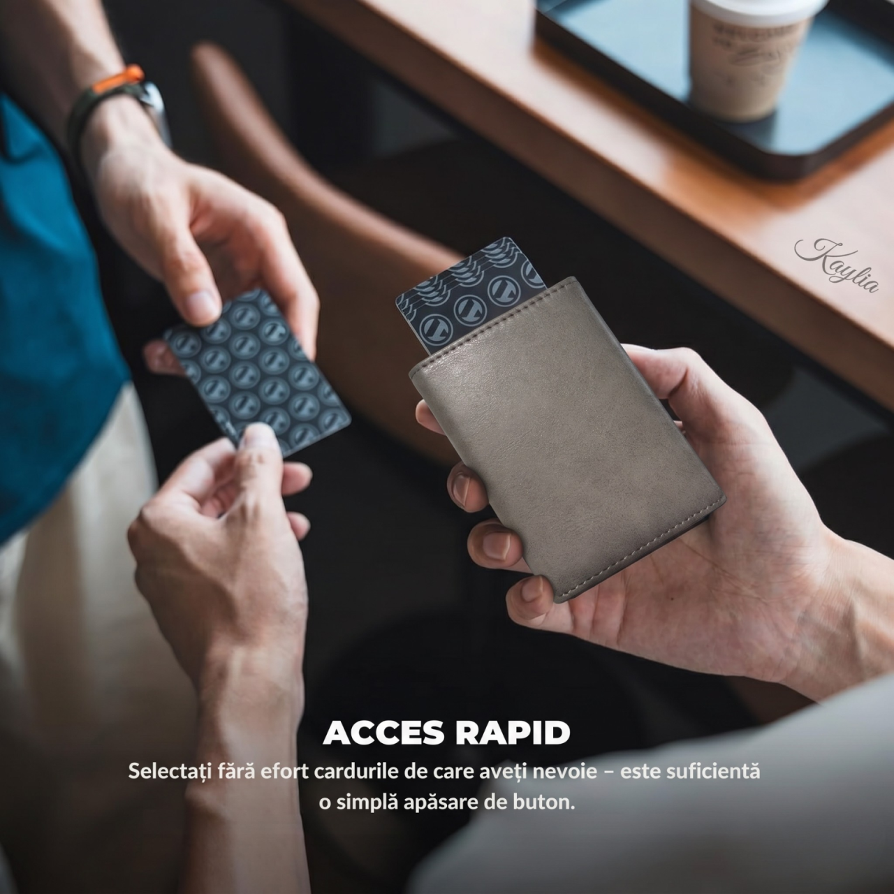Portofel Smart Kaylia din piele microfibră gri cu protecție RFID și suport carduri pop-up [3]