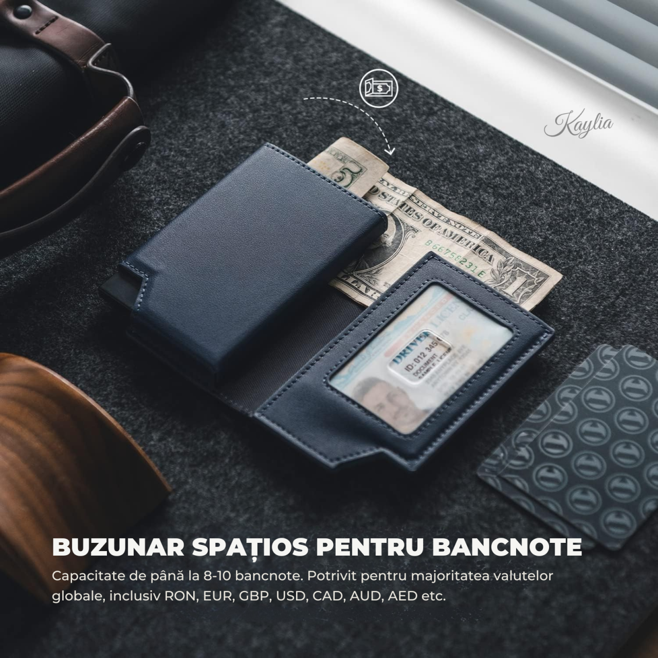 Portofel Smart Slim Kaylia din piele microfibră albastra cu protecție RFID și suport carduri pop-up [3]