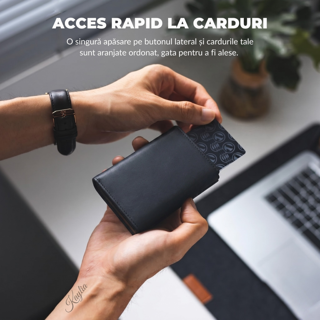 Portofel smart barbati din piele naturala de bovina si carcasa aluminiu rfid pop-up Kaylia negru [3]