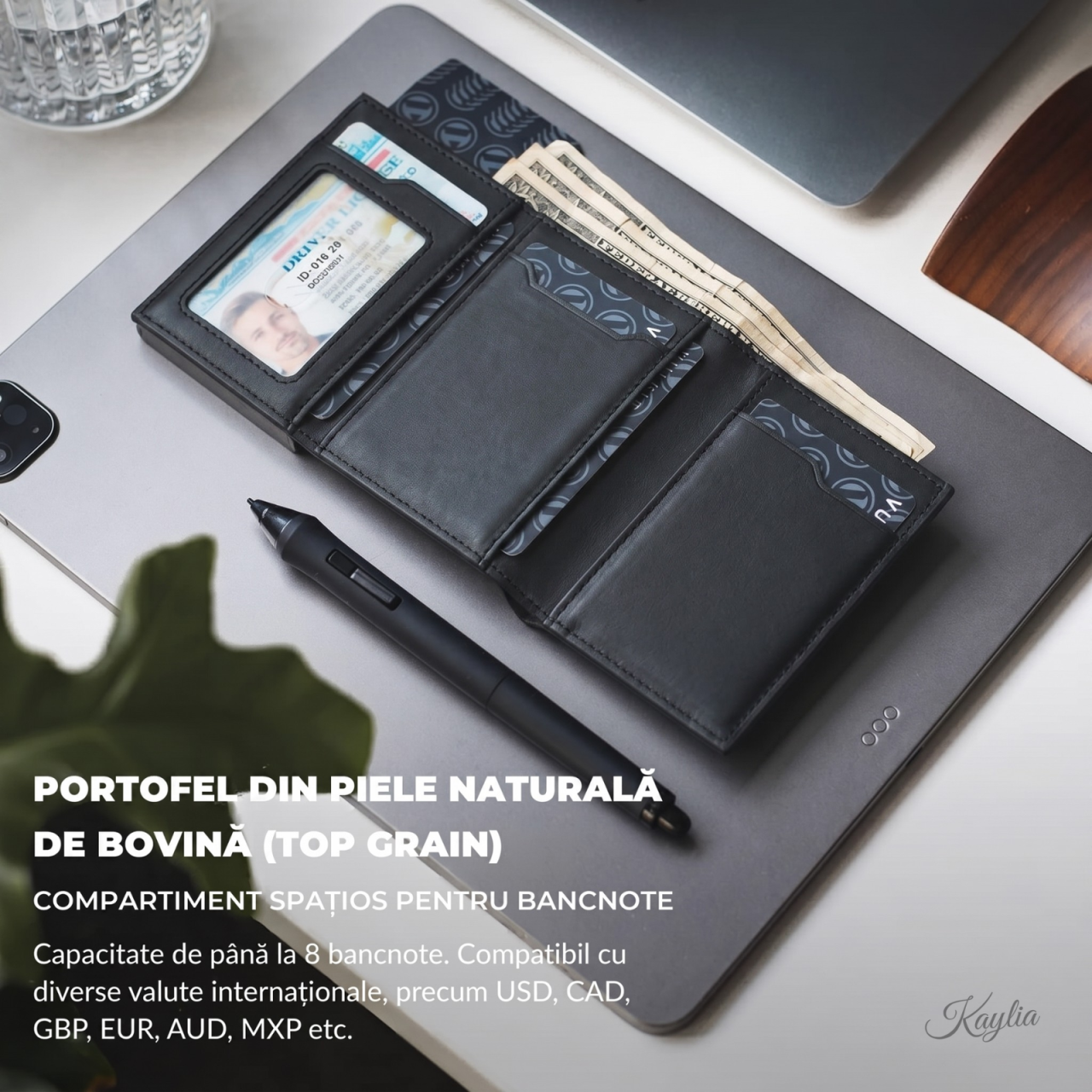 Portofel smart barbati din piele naturala de bovina si carcasa aluminiu rfid pop-up Kaylia negru [4]