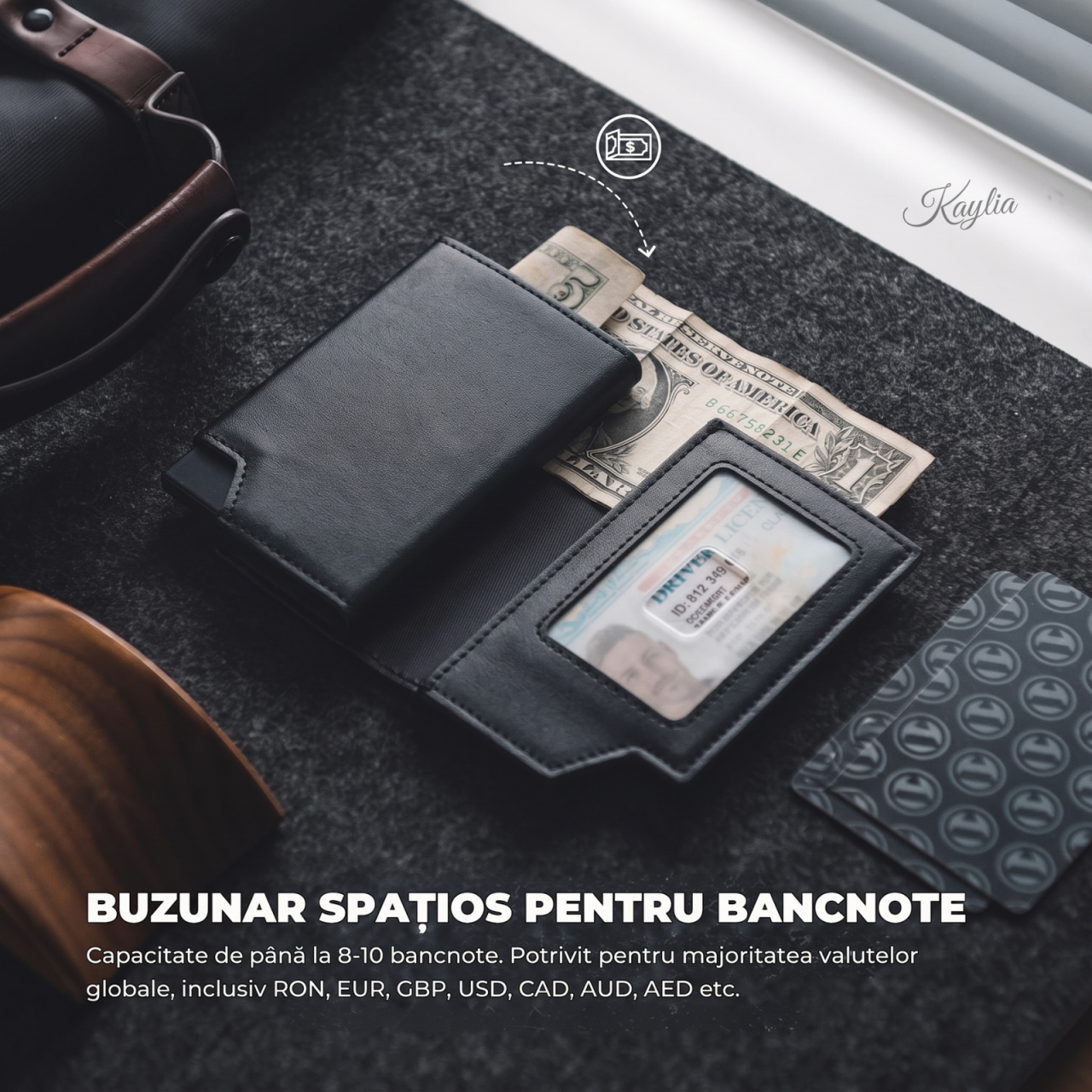 Portofel Smart Slim Kaylia din piele microfibră neagra cu protecție RFID și suport carduri pop-up [3]