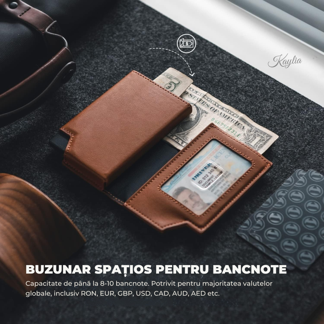 Portofel Smart Slim Kaylia din piele microfibră albastra cu protecție RFID și suport carduri pop-up [3]